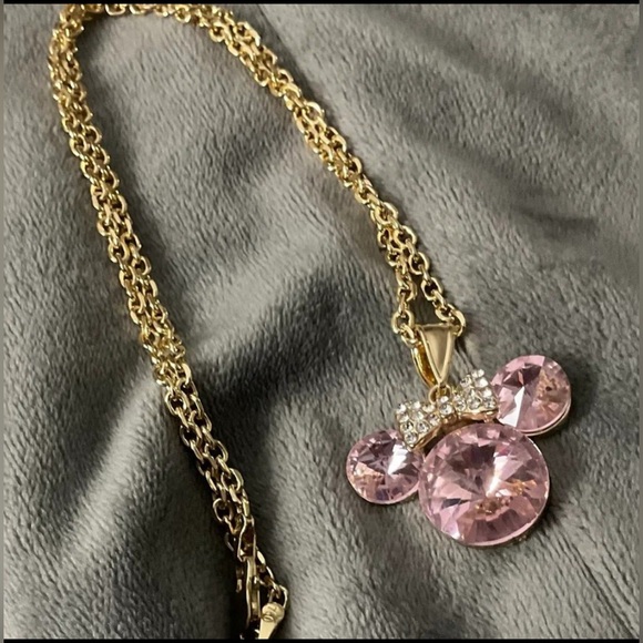 Disney Necklace: Minnie Mouse Ears Charm Necklace Gold w/ Pink Diamond Simulants - Picture 2 of 6